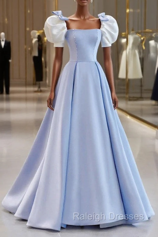 Blue Satin Long A-Line Prom Dress, Lovely Short Sleeve Formal Evening Dress Main image