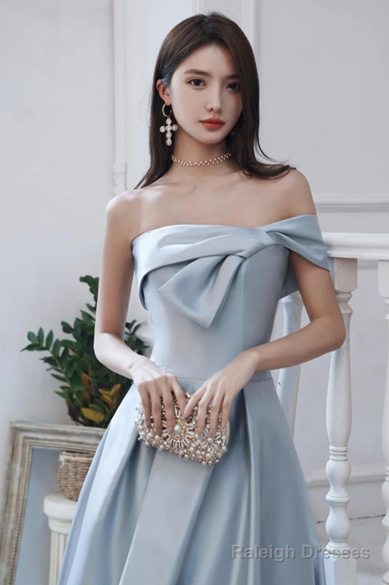 Blue Satin Long A-Line Prom Dress, Off The Shoulder Evening Dress With Slit Secondary image