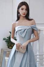 Blue Satin Long A-Line Prom Dress, Off The Shoulder Evening Dress With Slit