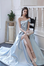 Blue Satin Long A-Line Prom Dress, Off The Shoulder Evening Dress With Slit