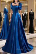 Blue Satin Long A-Line Prom Dress, Simple Blue Short Sleeve Evening Dress