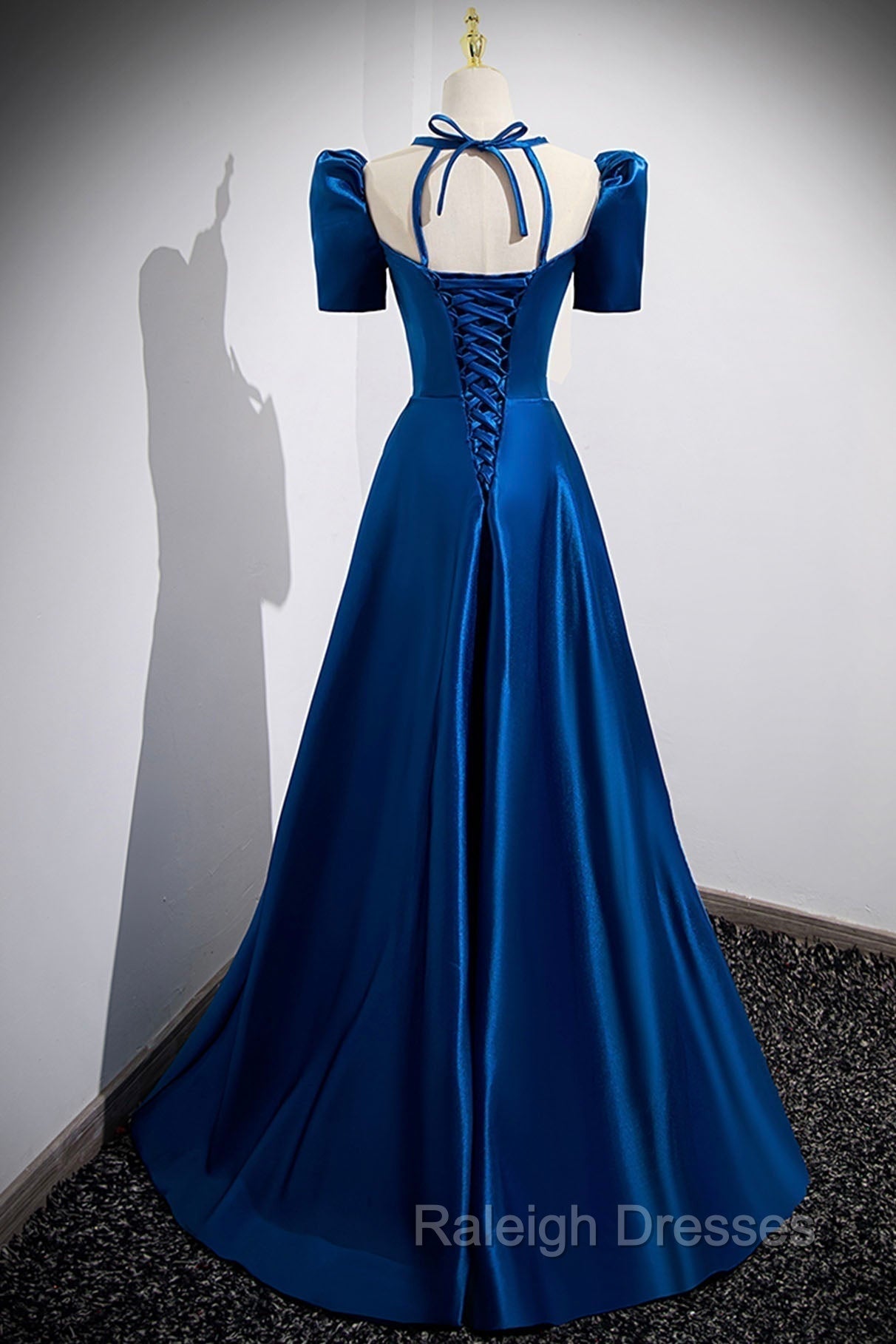 Blue Satin Long A Line Prom Dress, Simple Blue Short Sleeve Prom Dress