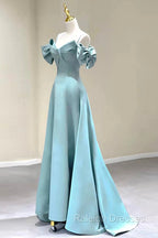 Blue Satin Long A Line Prom Dresses Unique Spaghetti Straps Prom Dresses
