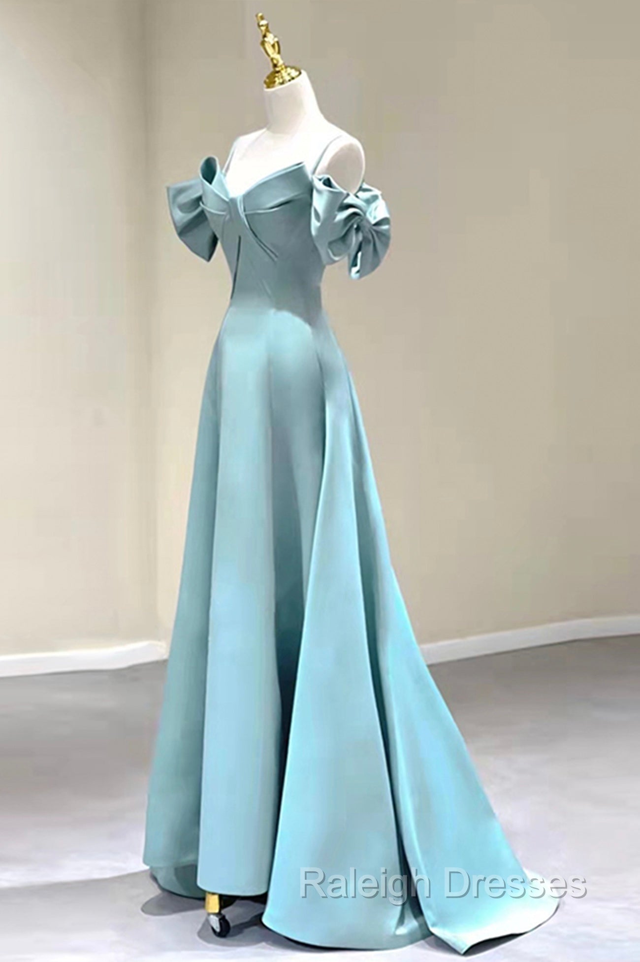 Blue Satin Long A Line Prom Dresses Unique Spaghetti Straps Prom Dresses