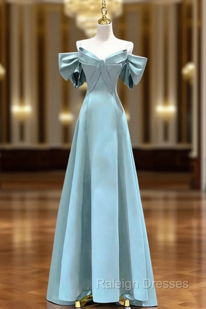 Blue Satin Long A-Line Prom Dress, Unique Spaghetti Straps Evening Dress