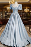 Blue Satin Long A-Line Prom Dress with Pearls, Cute Short Sleeve Evening Dress