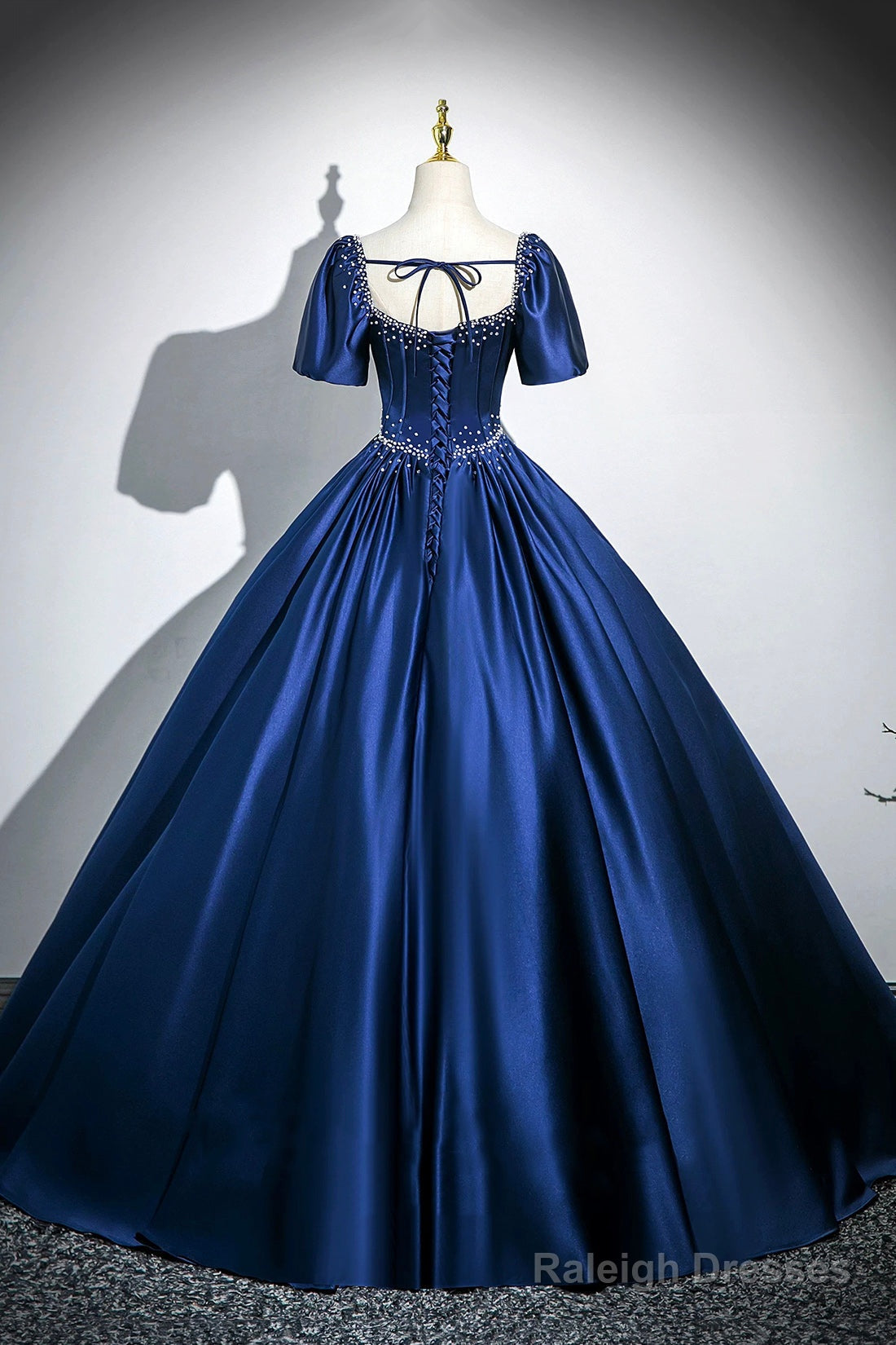 Blue Satin Long A-Line Prom Dress With Pearls, Elegant Short Sleeve Evening Party Dress Secondary image