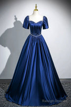 Blue Satin Long A-Line Prom Dress With Pearls, Elegant Short Sleeve Evening Party Dress