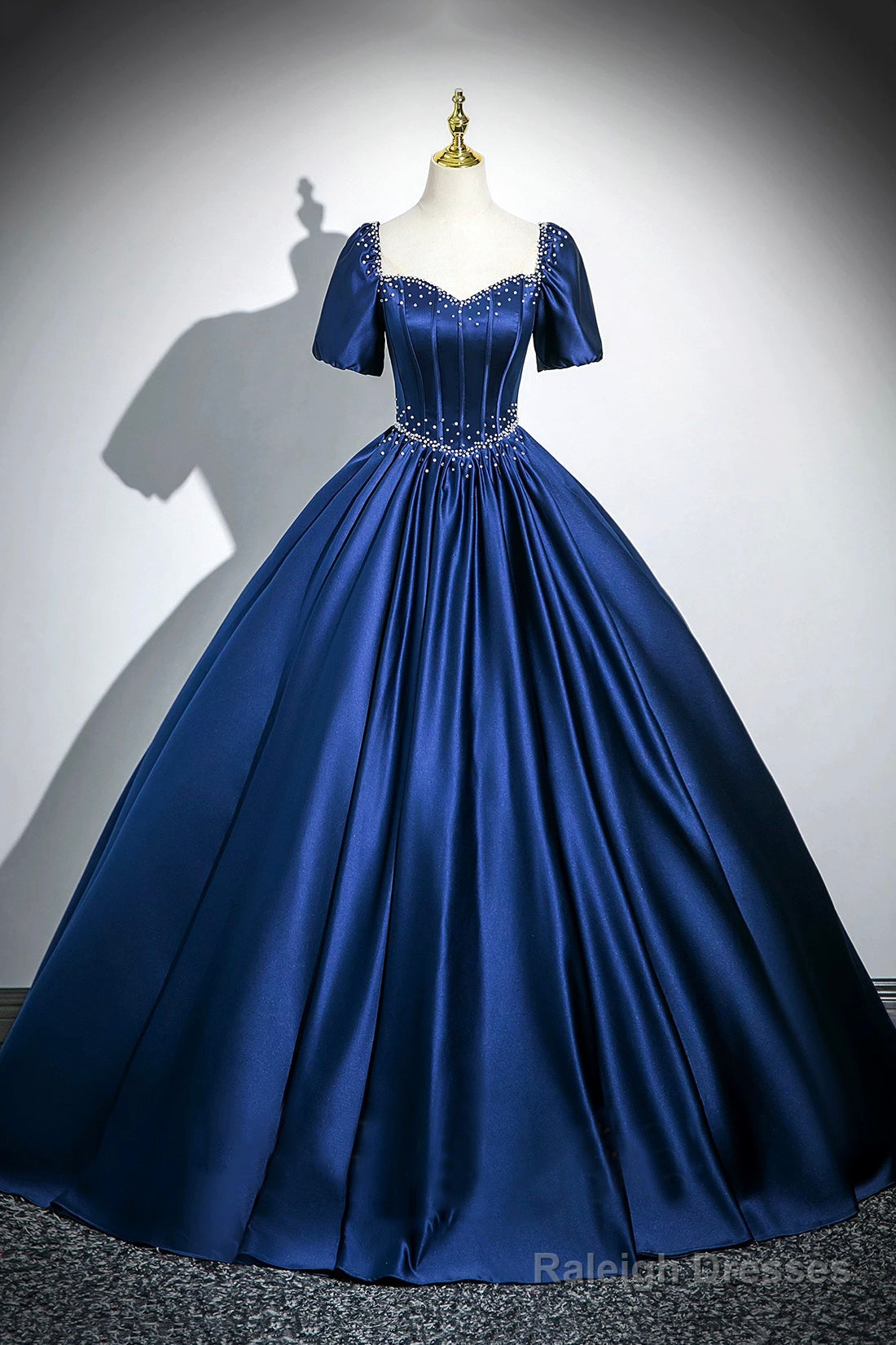 Blue Satin Long A-Line Prom Dress With Pearls, Elegant Short Sleeve Evening Party Dress Main image