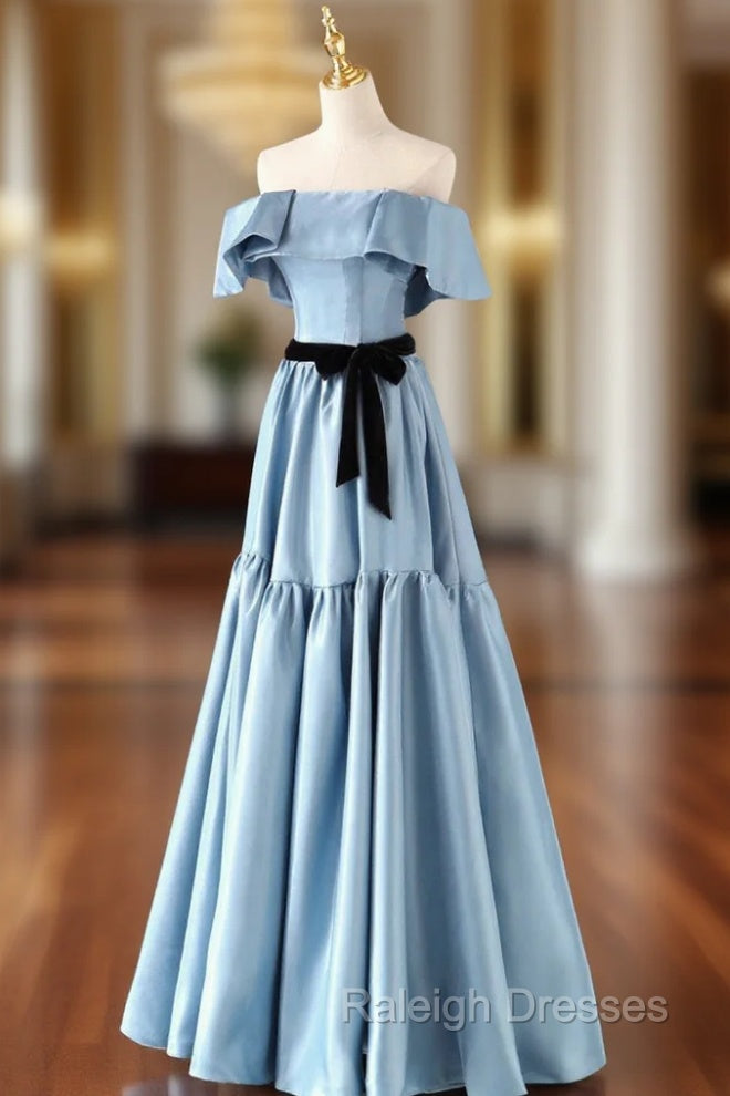 Blue Satin Long Prom Dresses Simple A Line Strapless Prom Dresses Main image