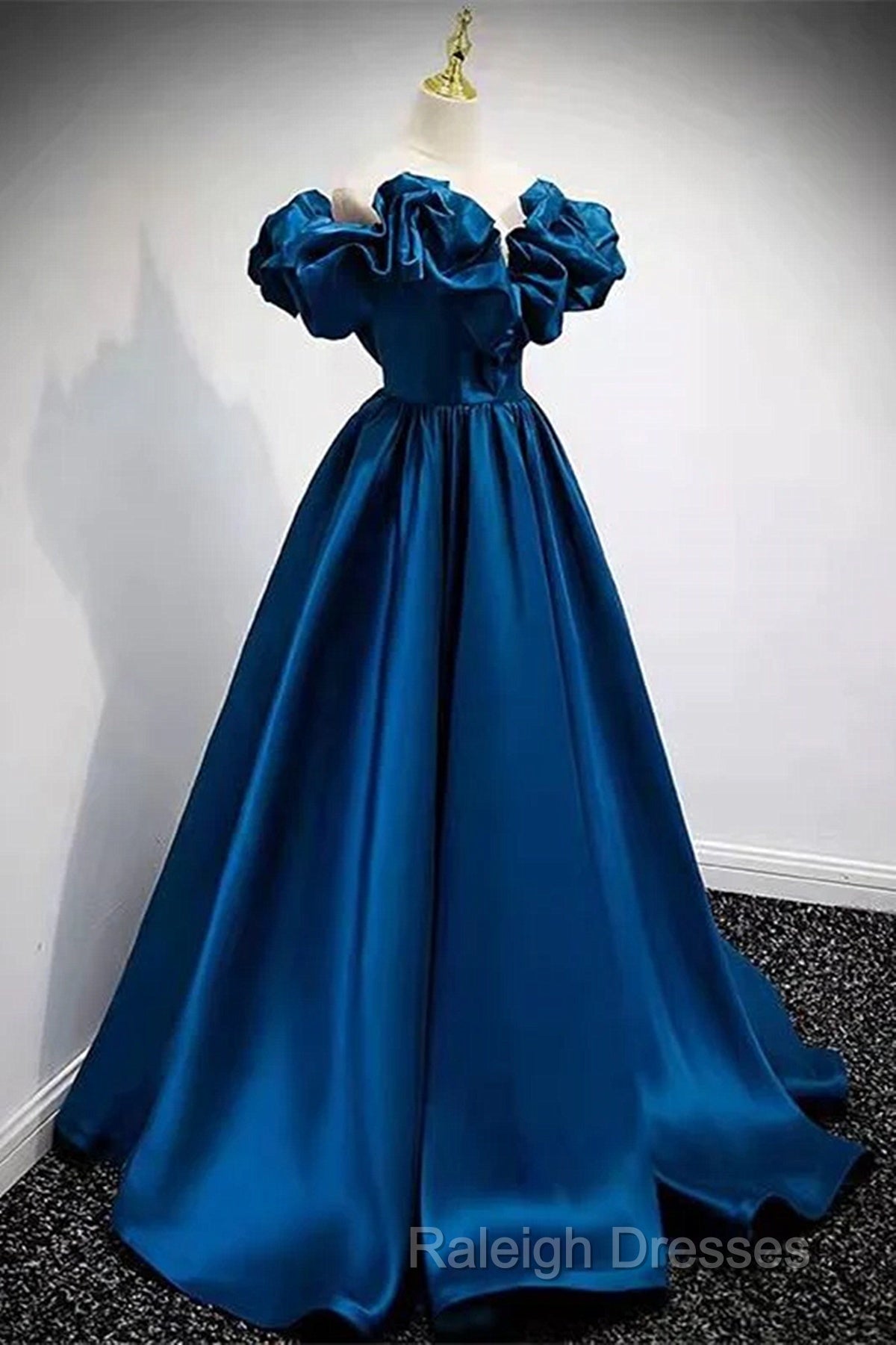 Blue Satin Long Off Shoulder A-Line Prom Dress, Blue Sweetheart Evening Dress