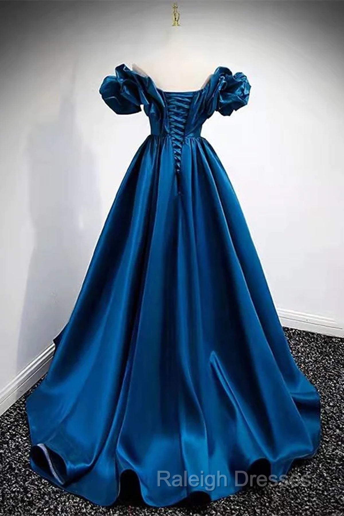 Blue Satin Long Off Shoulder A-Line Prom Dress, Blue Sweetheart Evening Dress