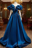 Blue Satin Long Off Shoulder A-Line Prom Dress, Blue Sweetheart Evening Dress