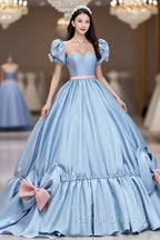 Blue Satin Long Princess Dress, Cute Short Sleeve Ball Gown Sweet 16 Dress