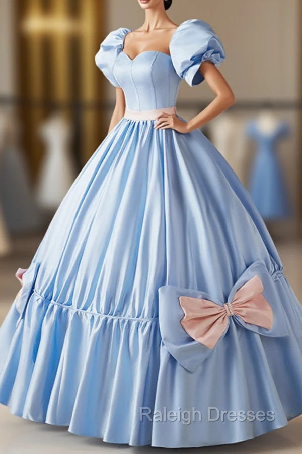 Blue Satin Long Princess Dress, Lovely Short Sleeve Ball Gown Sweet 16 Dress