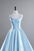 Blue Satin Long Prom Dress, A-Line Spaghetti Strap Evening Party Dress