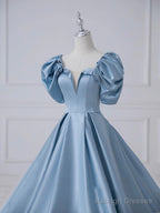 Blue Satin Long Prom Dress, Beautiful A-Line Short Sleeve Evening Party Dress