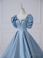 Blue Satin Long Prom Dresses Beautiful A-Line Short Sleeve Prom Dresses