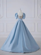 Blue Satin Long Prom Dress, Beautiful A-Line Short Sleeve Evening Party Dress