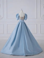 Blue Satin Long Prom Dresses Beautiful A-Line Short Sleeve Prom Dresses