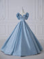 Blue Satin Long Prom Dress, Beautiful A-Line Short Sleeve Evening Party Dress