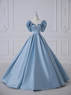 Blue Satin Long Prom Dresses Beautiful A-Line Short Sleeve Prom Dresses