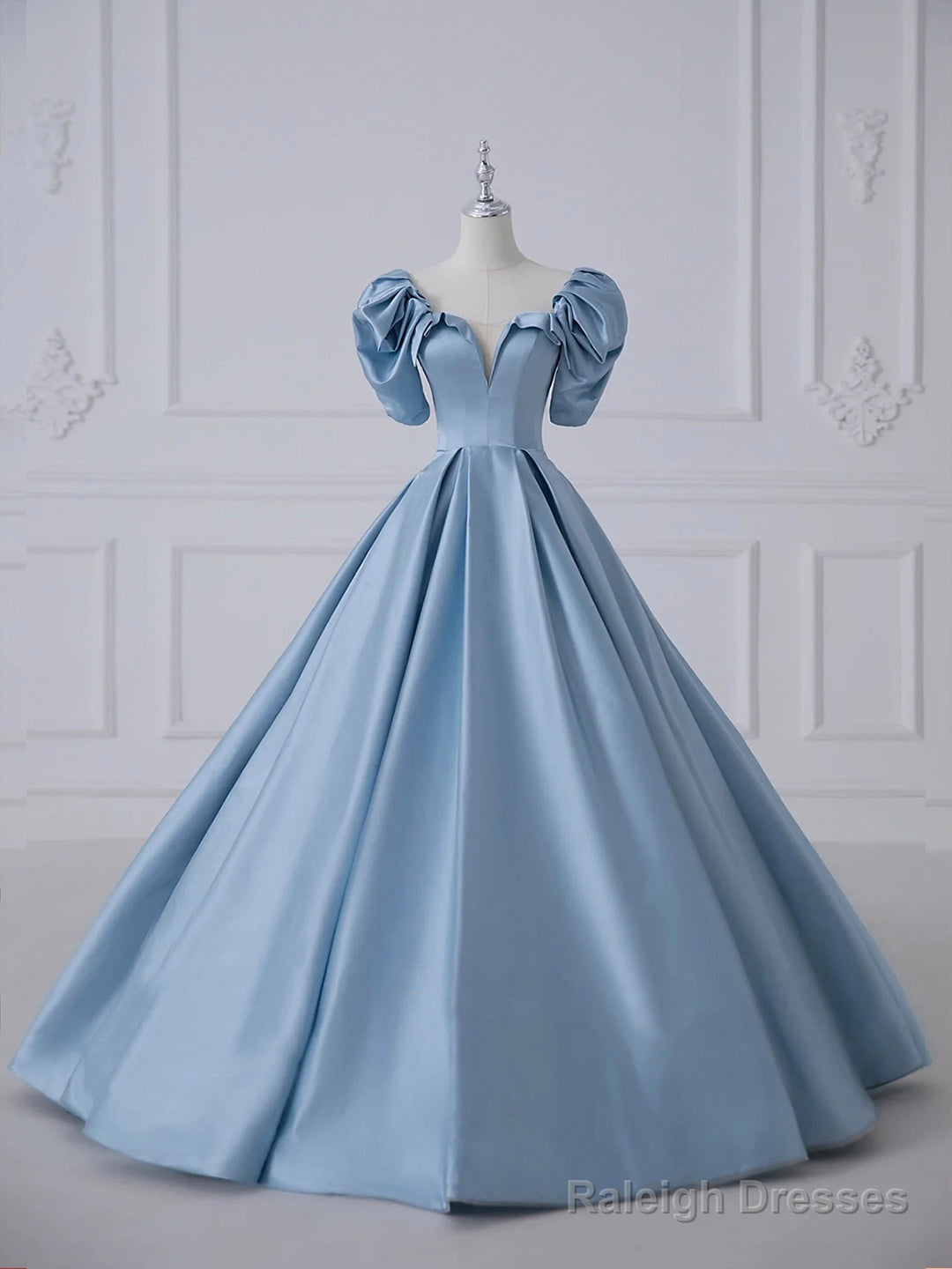 Blue Satin Long Prom Dresses Beautiful A-Line Short Sleeve Prom Dresses