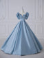 Blue Satin Long Prom Dresses Beautiful A-Line Short Sleeve Prom Dresses