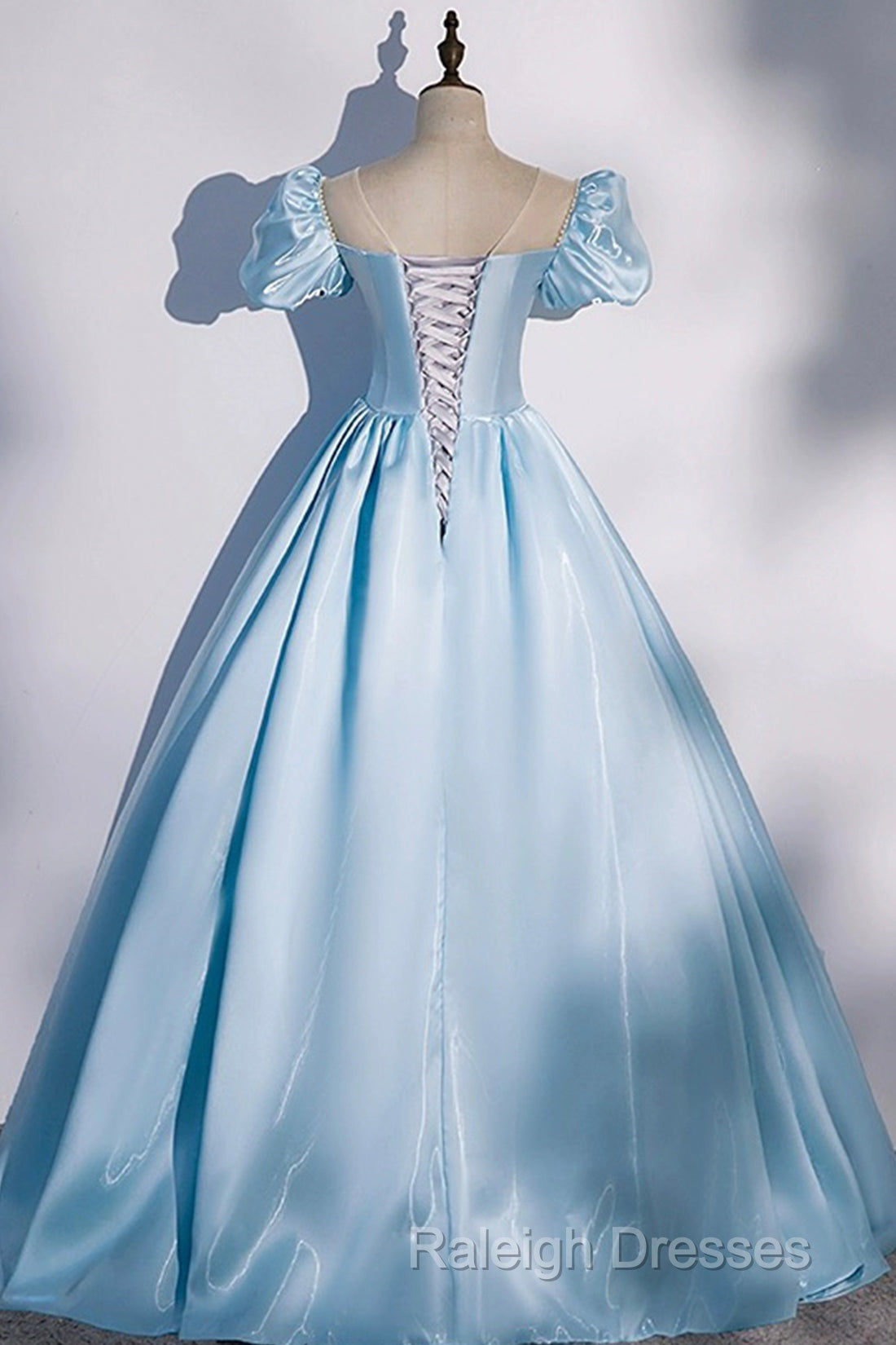 Blue Satin Long Prom Dresses Blue A-Line Scoop Neckline Short Sleeve Prom Dresses