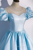 Blue Satin Long Prom Dress, Blue A-Line Scoop Neckline Short Sleeve Evening Dress