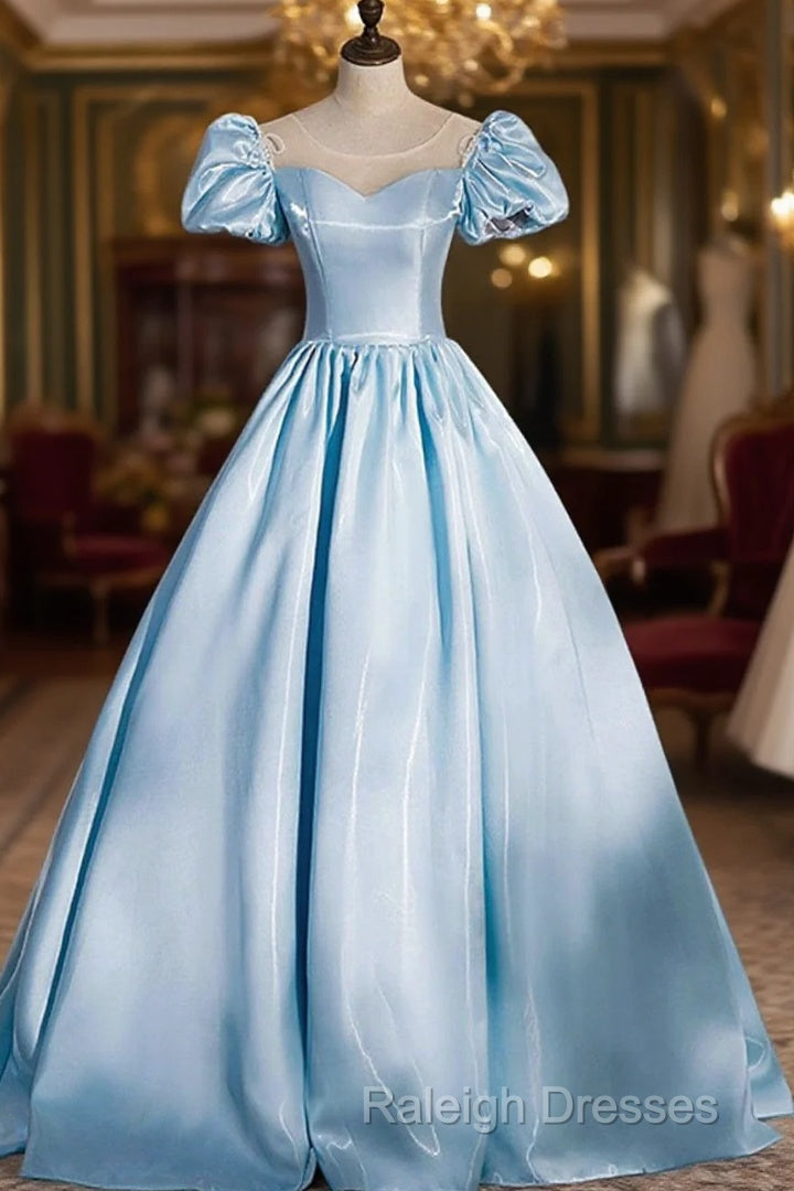 Blue Satin Long Prom Dresses Blue A-Line Scoop Neckline Short Sleeve Prom Dresses