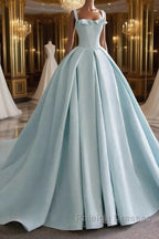 Blue Satin Long Prom Dress, Blue Satin Formal Dresses