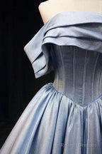 Blue Satin Long Prom Dress, Elegant Off The Shoulder Evening Party Dress