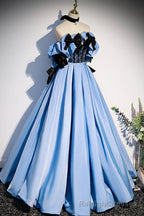 Blue Satin Long Prom Dress, Off the Shoulder Formal Prom Dress