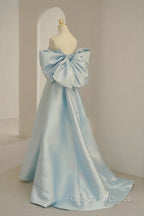 Blue Satin Prom Dresses Long with Big Bow Blue A Line Prom Dresses
