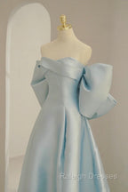 Blue Satin Prom Dresses Long with Big Bow Blue A Line Prom Dresses