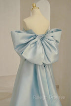 Blue Satin Long Prom Dress with Big Bow, Blue A-Line Evening Party Dress