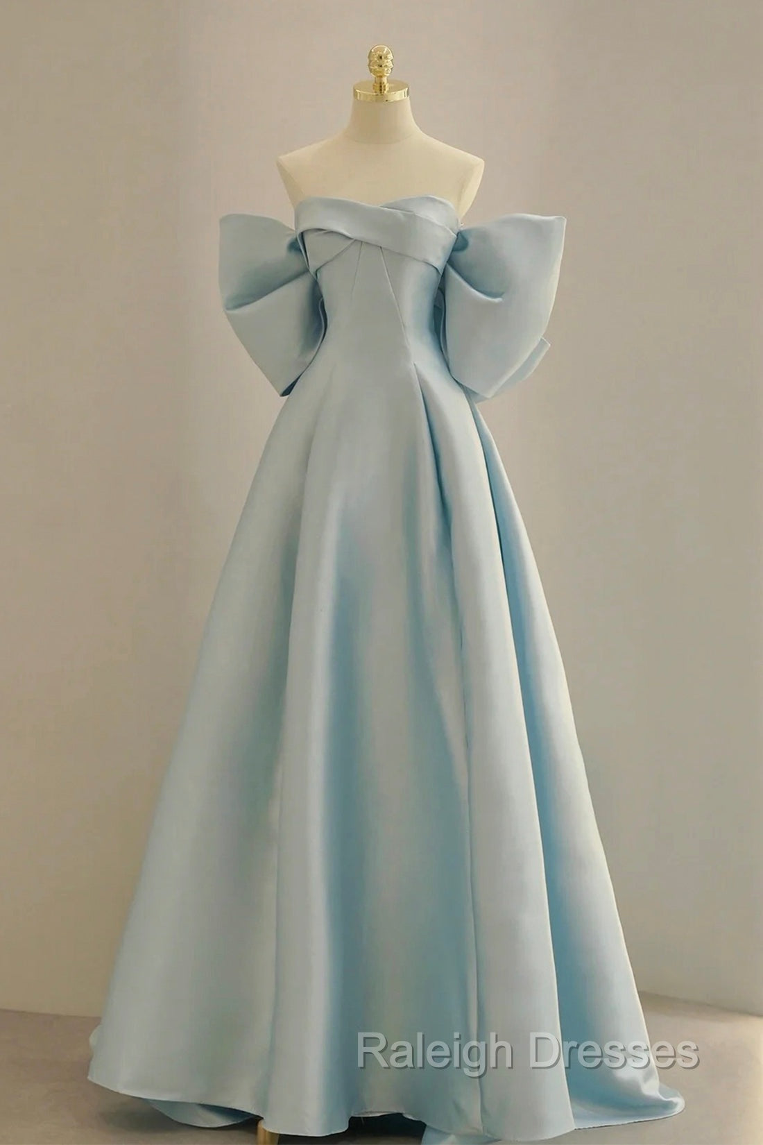Blue Satin Prom Dresses Long with Big Bow Blue A Line Prom Dresses