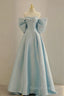 Blue Satin Prom Dresses Long with Big Bow Blue A Line Prom Dresses