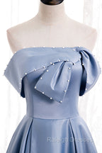 Blue Satin Long Prom Dress with Pearls, Blue A Line Strapless Prom Dress