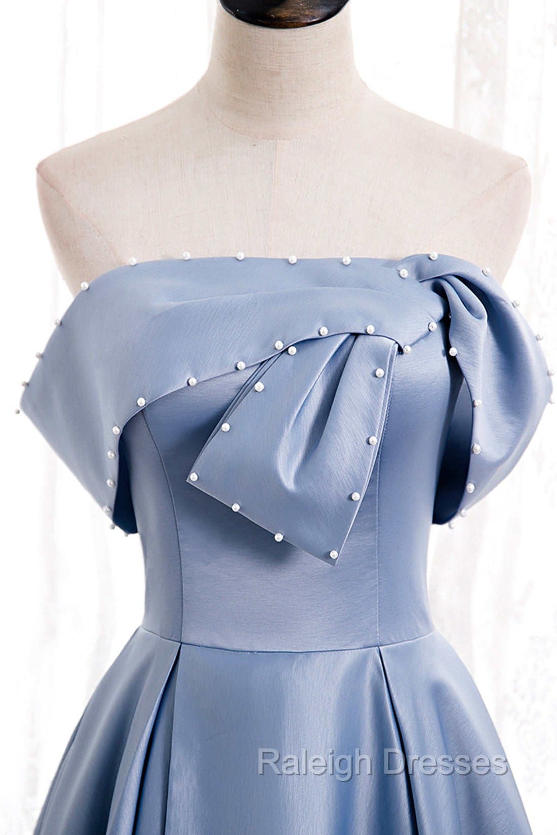 Blue Satin Long Prom Dress with Pearls, Blue A Line Strapless Prom Dress