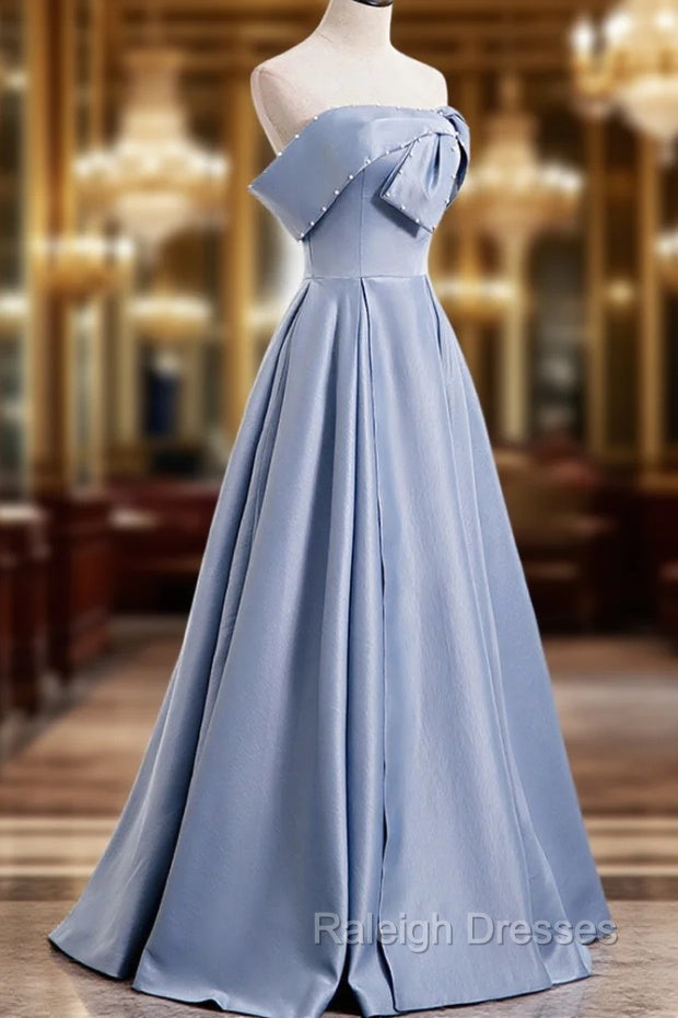 Blue Satin Long Prom Dress with Pearls, Blue A-Line Strapless Party Dress