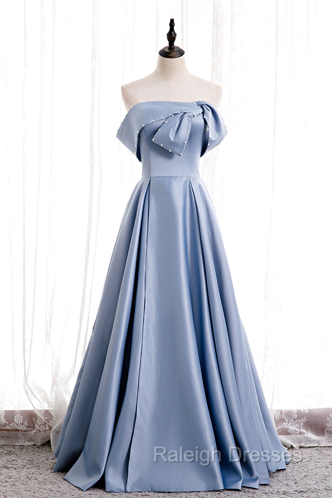 Blue Satin Long Prom Dress with Pearls, Blue A Line Strapless Prom Dress Main image