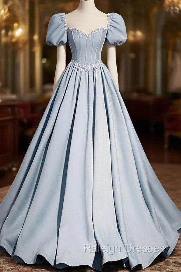 Blue Satin Long Prom Dress with Pearls, Blue Short Sleeves A-line Evening Dress