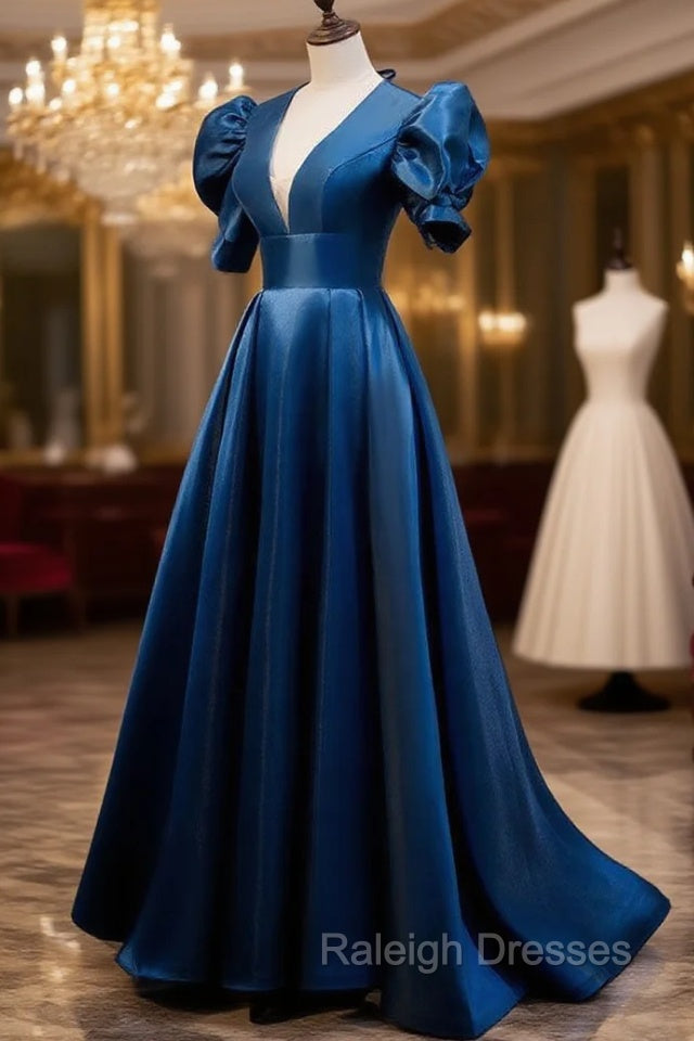 Blue Satin Long Prom Dress with Short Sleeves, Blue Evening Formal Dress Secondary image