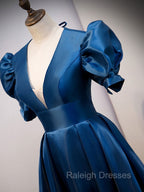 Blue Satin Long Prom Dress with Short Sleeves, Blue Prom Formal Dress
