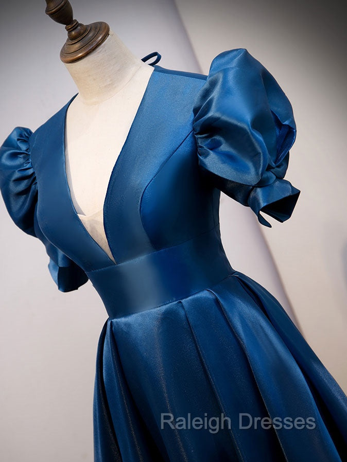 Blue Satin Long Prom Dress with Short Sleeves, Blue Prom Formal Dress