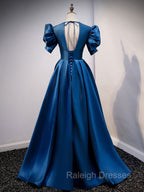 Blue Satin Long Prom Dress with Short Sleeves, Blue Evening Formal Dress