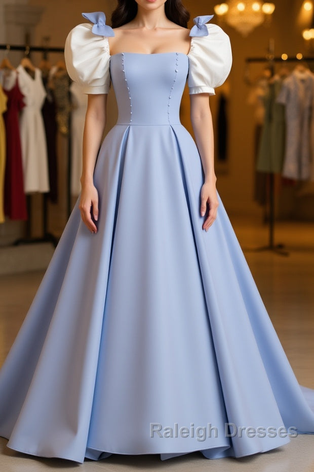 Blue Satin Long Prom Dresses, Blue Formal Graduation Dresses Main image
