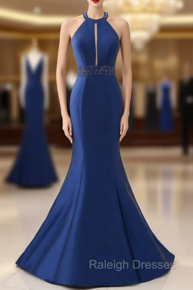 Blue Satin Mermaid Halter Cut Out Backless Long Prom Dress Main image